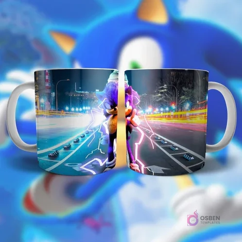 Plantilla para taza de Sonic con efecto de rayo y fondo de ciudad nocturna, estilo dramático Plantilla para taza de Sonic con efecto de rayo y fondo de ciudad nocturna, estilo dramático