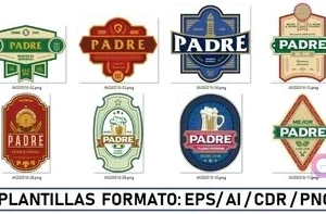 Muestrario de 12 plantillas vectoriales para sublimar shoperos del Día del Padre en formatos PNG, EPS, AI, CDR, mostrando diversos estilos de etiquetas.