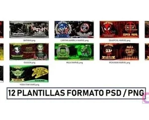Vista en cuadrícula de las 12 plantillas de sublimación para tazas del Día del Padre, mostrando diseños de varios superhéroes como Batman, Spider-Man, Hulk, Iron Man, Flash, Captain America, Deadpool, Joker, Ghost Rider, Yoda, Thor y Ant-Man. El texto '12 PLANTILLAS FORMATO PSD / PNG' confirma el contenido del pack.