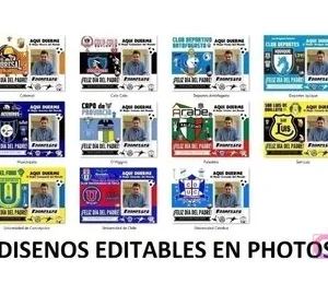 Mosaico de 16 plantillas PSD editables para sublimación de cojines del Día del Padre, mostrando diseños de diferentes clubes de fútbol chilenos.