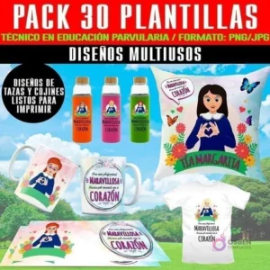 Pack de 120 diseños sublimables para educadoras de párvulos, mostrando tazas, cojines, botellas y poleras con ilustraciones de maestras y frases de agradecimiento.