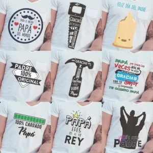 Mosaico de 9 diseños para sublimación del Día del Padre en poleras, incluyendo frases como 'Para el mejor papá del mundo', 'Padre 100% original' y 'Papá eres el rey'.