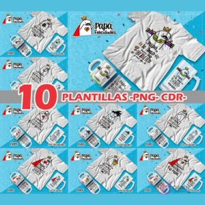 Pack de 10 plantillas Flork para sublimación de tazas y poleras del Día del Padre, mostrando varios diseños populares y mensajes de amor. Incluye logo 'Papá Felicidades'.