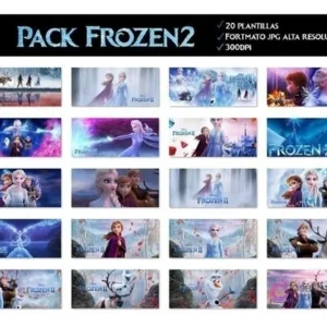 Collage de 20 diseños para sublimación de tazas infantiles con temática de Frozen 2, mostrando a los personajes Elsa, Anna, Olaf, Kristoff y Sven en diversas escenas mágicas y de aventura. Se visualizan detalles como el formato JPG de alta resolución y 300 DPI.