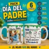 Pack de 6 plantillas PSD para tazas Día del Padre con humor, mostrando dos tazas sublimadas con diseño de foto personalizable y personajes de espermatozoides con frase 'Nosotros vivíamos en tus HUEVOS', fondo azul.
