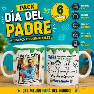 Pack de 6 plantillas PSD para tazas Día del Padre con humor, mostrando dos tazas sublimadas con diseño de foto personalizable y personajes de espermatozoides con frase 'Nosotros vivíamos en tus HUEVOS', fondo azul.