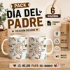 Imagen promocional del Pack de 6 Plantillas para Tazas Día del Padre con diseño de puños familiares, mostrando dos tazas sublimadas con nombres y elementos masculinos.