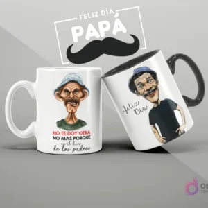 Mugs de sublimación con diseños del Chavo del 8 para el Día del Padre, fondo gris y texto 'Feliz Día Papá' y 'No te doy otra no más'.