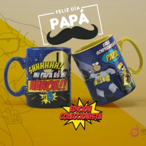 Tazas personalizadas para el Día del Padre con Homer Simpson como Batman y Bart/Lisa, diseño de superhéroe y 'Mi papá es mi héroe'.
