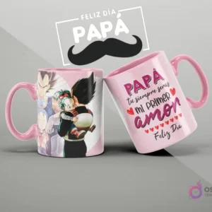 Tazas personalizadas con diseño de Dragon Ball Z (Vegeta, Bulma, Trunks, Pan) y frase emotiva 'Papá tú siempre serás mi primer amor' para el Día del Padre.