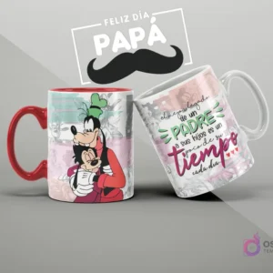 Mugs de sublimación con diseño de Goofy y Max para el Día del Padre, con mensaje sobre el legado del tiempo de un padre.