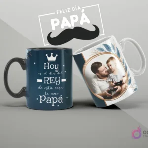 Mugs de sublimación con mensaje 'Hoy es el día del REY de esta casa Te amo papá' y foto de papá e hijo para el Día del Padre, diseño elegante.