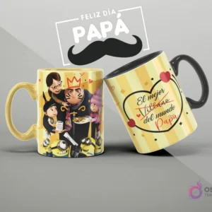 Tazas de sublimación con diseños de Los Minions y Gru para el Día del Padre, con mensaje humorístico 'El mejor Villano/Papá del mundo'.