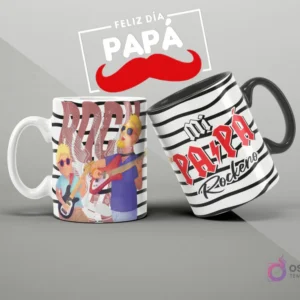 Mugs de sublimación con diseño de temática rockera para el Día del Padre, ideal para padres músicos o fans de rock, 'Mi papá rockero'.