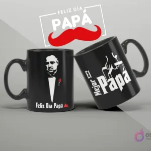 Tazas de sublimación con diseños inspirados en El Padrino para el Día del Padre, con mensaje 'El Mejor Papá' y retrato de Don Corleone.