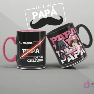Tazas de sublimación con diseños de Darth Vader y Star Wars para el Día del Padre, con mensaje 'El mejor papá de la galaxia'.