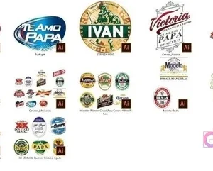 Muestra de múltiples diseños vectoriales de logos de cervezas y frases personalizadas para el Día del Padre, editables en Adobe Illustrator, incluyendo marcas como Cristal, Corona, Budweiser y Stella Artois
