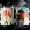 Dos tazas blancas sublimadas con diseños de los artistas urbanos Pailita y Jairo Vera, en un fondo oscuro con humo.