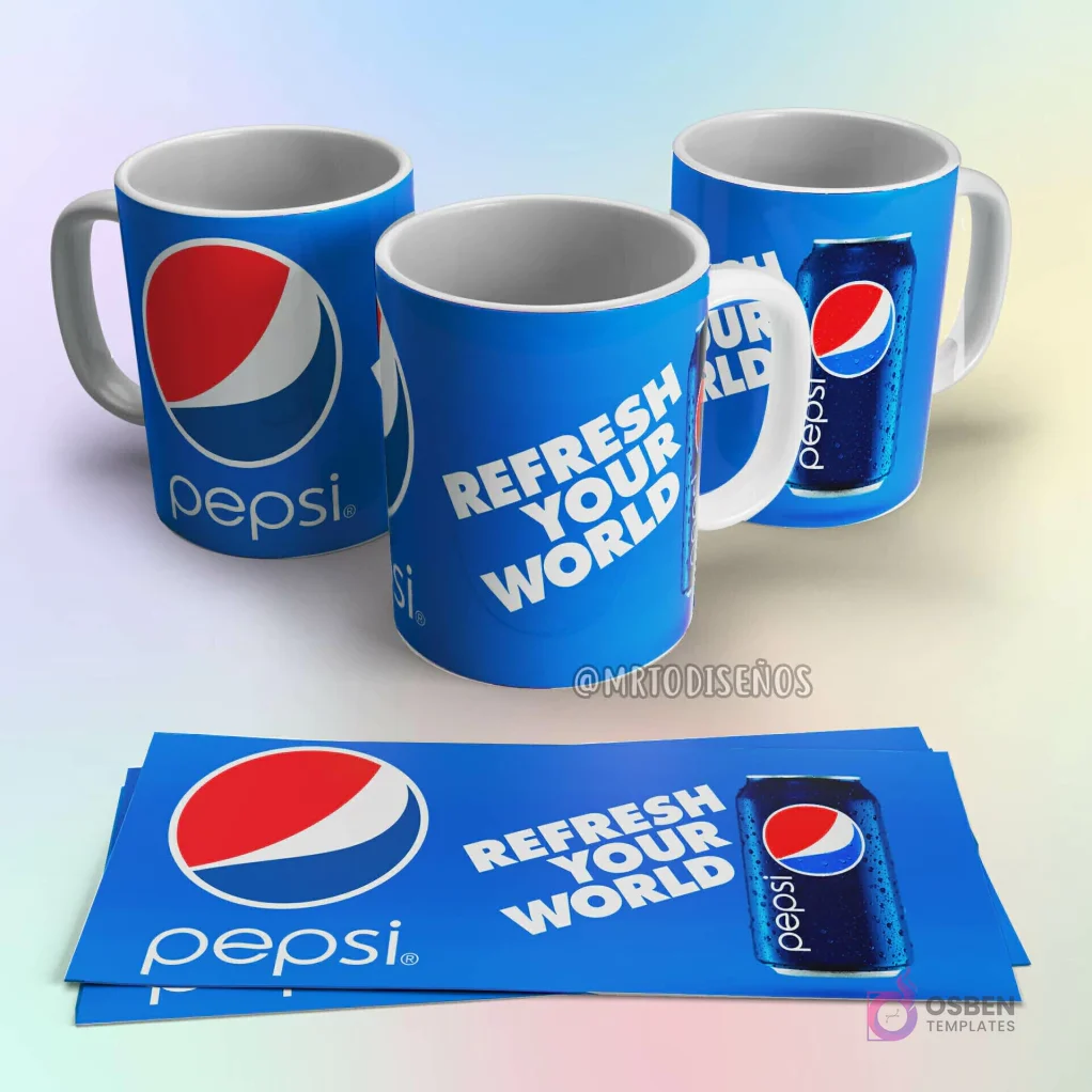 Taza de sublimación Pepsi azul con logo circular rojo y blanco, y diseño de lata de refresco con frase 'Refresh Your World' Taza de sublimación Pepsi azul con logo circular rojo y blanco, y diseño de lata de refresco con frase 'Refresh Your World'