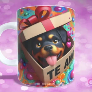 Taza sublimada con diseño de cachorro Rottweiler sonriente en caja de regalo y mensaje 'TE AMO'