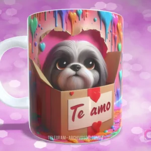 Taza con diseño de perrito Shih Tzu de grandes ojos en caja de regalo con detalle de corazones y texto 'Te amo'