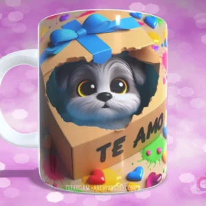 Taza sublimada con perrito blanco y gris saliendo de caja de regalo con lazo azul y el texto 'TE AMO'