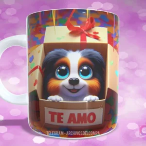 Taza con diseño de cachorro Australian Shepherd con ojos azules emergiendo de caja de regalo con confeti y texto 'TE AMO'