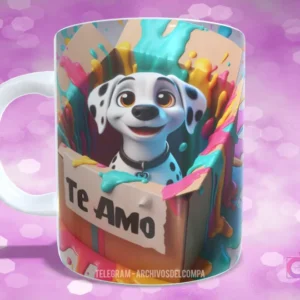 Taza sublimada con perrito Dálmata sonriente en caja de regalo con salpicaduras de pintura y mensaje 'Te Amo'