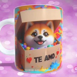 Taza con diseño de perrito Shiba Inu en caja llena de bolitas de colores y el texto 'TE AMO'
