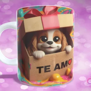 Taza sublimada con cachorro Cavalier King Charles Spaniel en caja de regalo con lazo rojo y 'TE AMO'
