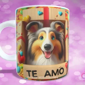 Taza con diseño de perrito Collie de pelo largo y ojos azules asomándose de caja con lazo rojo y 'TE AMO'