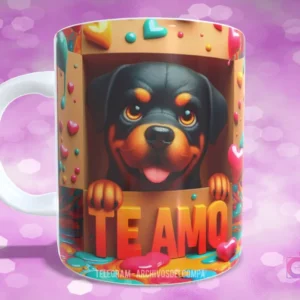 Taza con diseño de cachorro Rottweiler con la lengua fuera en caja de regalo con corazones y 'TE AMO'