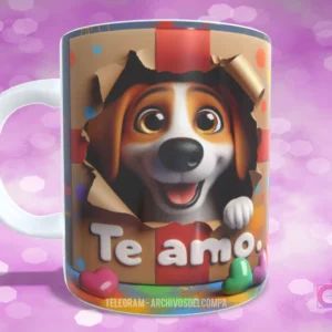 Taza sublimada con perrito Beagle saliendo de caja de regalo rasgada con corazones y 'Te amo.'