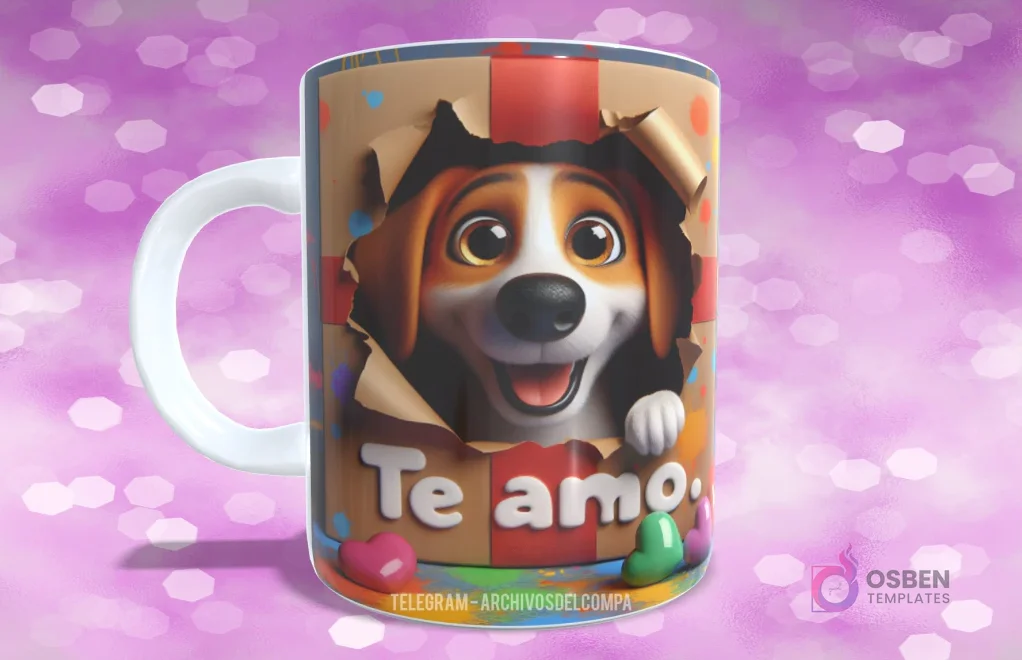 Taza sublimada con perrito Beagle saliendo de caja de regalo rasgada con corazones y 'Te amo.' Taza sublimada con perrito Beagle saliendo de caja de regalo rasgada con corazones y 'Te amo.'