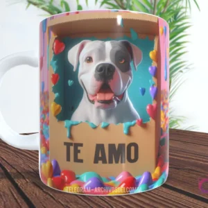 Taza con diseño de perrito tipo Pitbull blanco y negro en caja de regalo con muchos corazones y 'TE AMO'