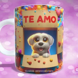 Taza con diseño de perrito Maltés blanco y sonriente asomándose de caja con corazones y 'TE AMO'