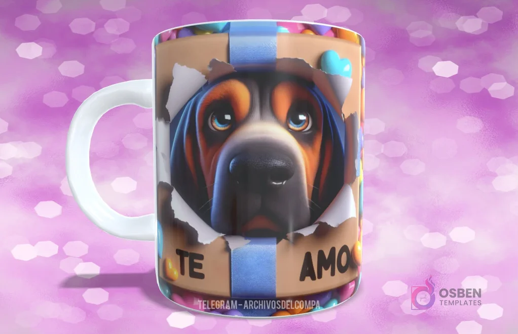 Taza sublimada con perrito Basset Hound de cerca en caja de regalo con cinta azul y 'TE AMO' Taza sublimada con perrito Basset Hound de cerca en caja de regalo con cinta azul y 'TE AMO'