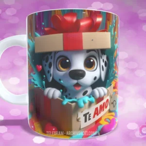 Taza con diseño de cachorro Dálmata feliz saliendo de caja de regalo con lazo rojo y 'TE AMO'