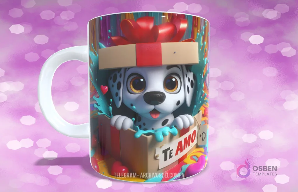 Taza con diseño de cachorro Dálmata feliz saliendo de caja de regalo con lazo rojo y 'TE AMO' Taza con diseño de cachorro Dálmata feliz saliendo de caja de regalo con lazo rojo y 'TE AMO'