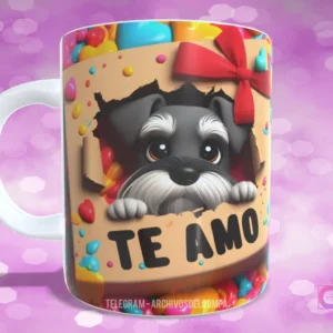 Taza sublimada con perrito Schnauzer negro y gris en caja de regalo con dulces de colores y 'TE AMO'