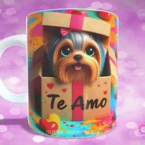Taza con diseño de perrito Yorkshire Terrier con lazo rosa en caja de regalo y mensaje 'Te Amo'