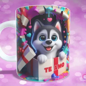 Taza sublimada con perrito Husky siberiano en caja de regalo con corazones y texto 'TE AMO'