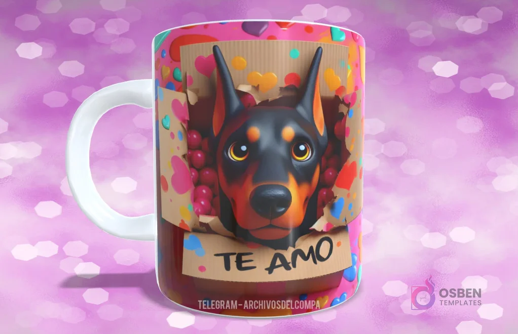 Taza con diseño de perrito Doberman Pinscher en caja de regalo con bayas rojas y 'TE AMO' Taza con diseño de perrito Doberman Pinscher en caja de regalo con bayas rojas y 'TE AMO'