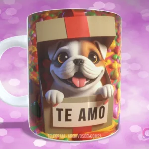 Taza sublimada con cachorro Bulldog Inglés sonriente en caja de regalo con dulces y 'TE AMO'