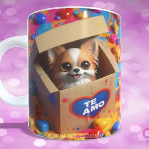 Taza con diseño de perrito Chihuahua de ojos grandes en caja de regalo con corazón azul y 'TE AMO'