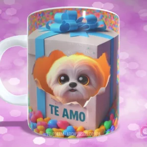 Taza sublimada con perrito Shih Tzu blanco y crema en caja de regalo con lazo azul y 'TE AMO'