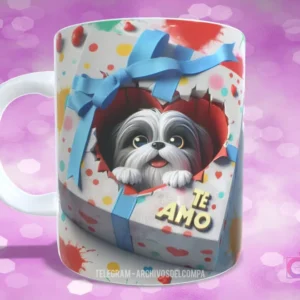 Taza con diseño de perrito Shih Tzu blanco y negro sonriente en caja de regalo con lazo azul y 'TE AMO'