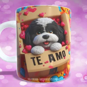 Taza sublimada con perrito blanco y negro esponjoso en caja de regalo con corazones rojos y 'TE AMO'