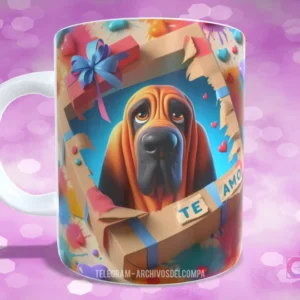 Taza con diseño de perrito Bloodhound con ojos caídos en caja de regalo con lazo azul y 'TE AMO'
