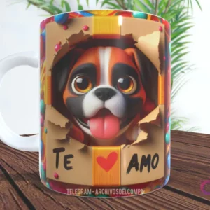 Taza sublimada con perrito Boxer sonriente en caja de regalo con corazones y 'TE AMO'